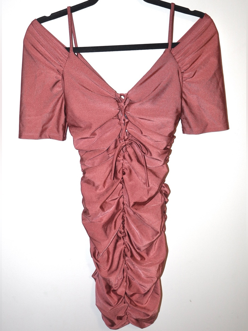 Cold-Shoulder Ruched Lace-Up Mini Dress in Dusty Rose